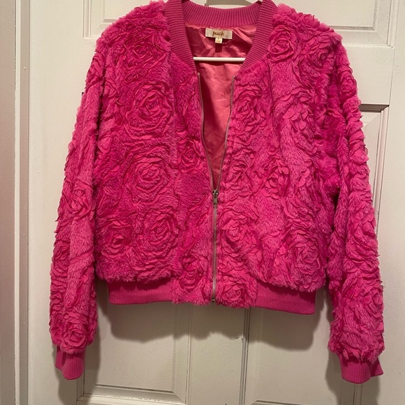 Peach Jackets & Blazers - Pink Plush Teddy Jacket Cropped Zip-Up